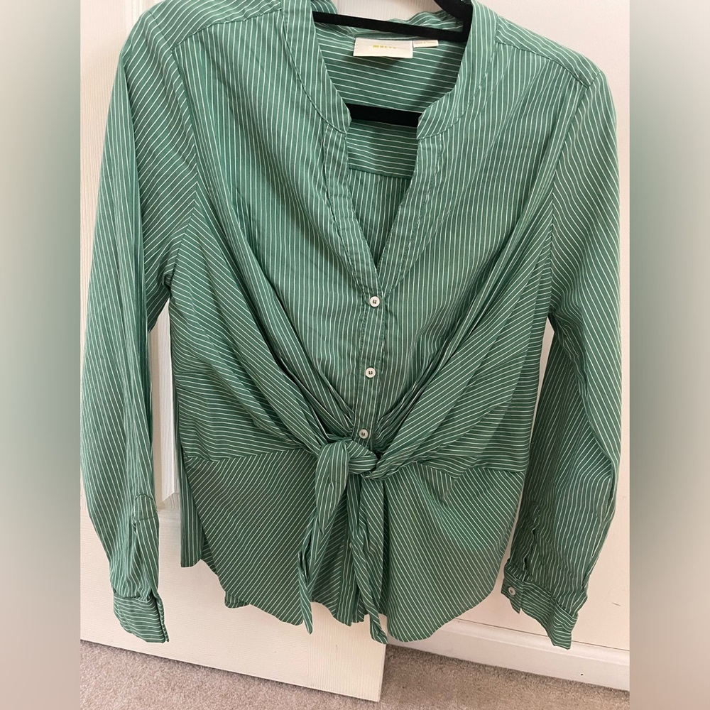 Maeve Anthropologie Sz 12 Green Stripe Tie Top Shirt